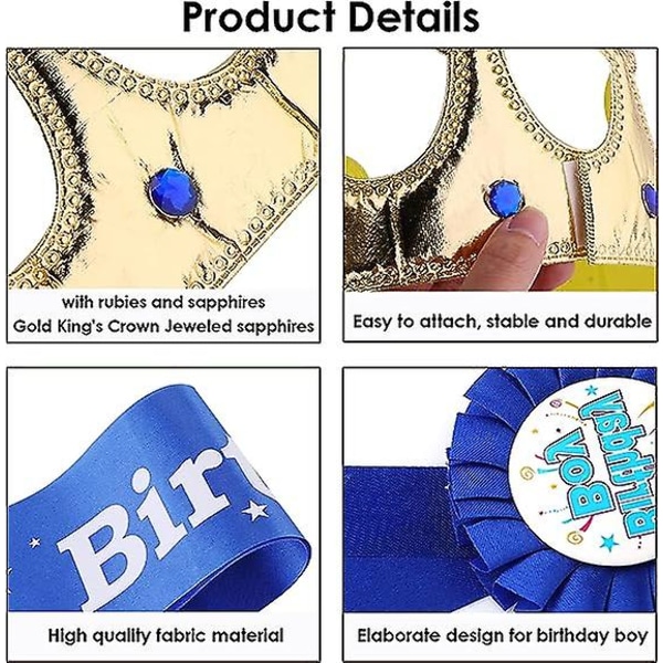 Guttebursdag Kong Krone Combo (Blå), Bursdagsgutt Belte, Flagg og Pin - Bursdagsgutt Festdekorasjon, Guttebursdag Festkjole