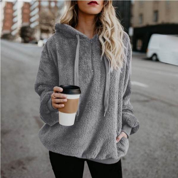 Dame Hoodie Teddy Fleece Trøje Efterår Vinter Dark grey L
