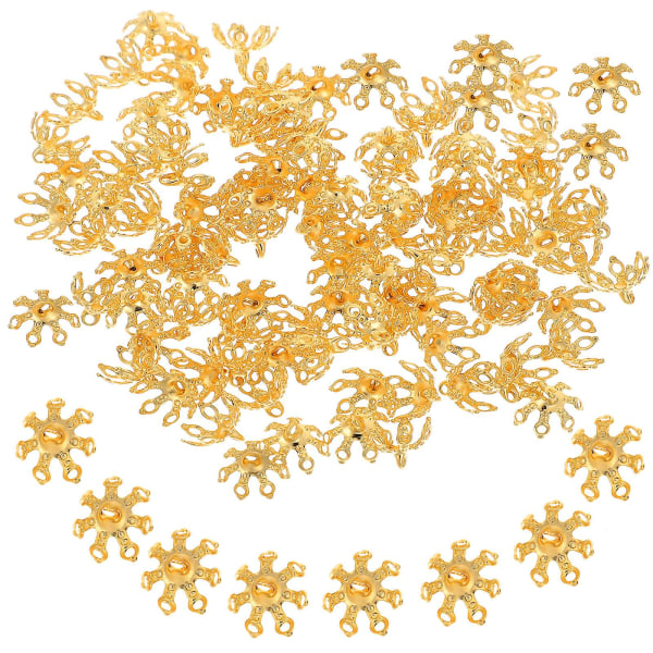 100 st Blompärlhattar Toppers Hårnålspärlhattar Blomformade Spacer Beads Caps (0,9X1X1CM, Gyllene)
