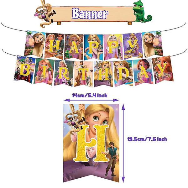 Bihd Tangled Rapunzel Princess Theme Bursdagspynt Festrekvisita Banner Ballonger Kake Toppers Sett