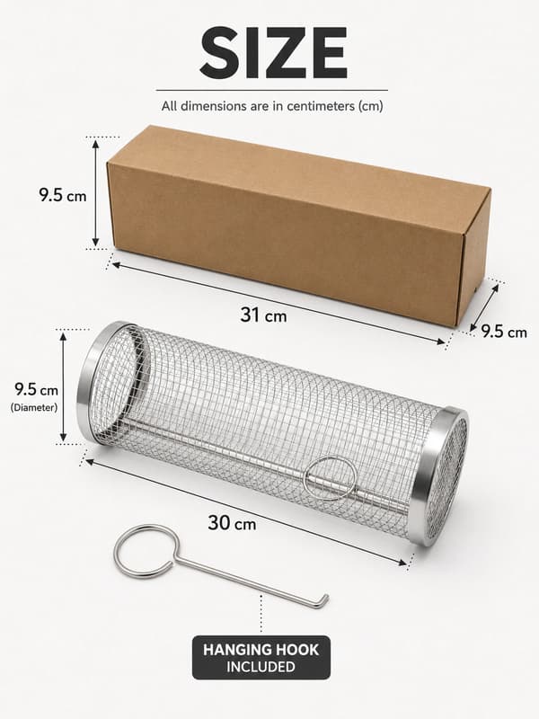 BBQ-grillkurv i rustfrit stål, rullende grillbur med krog, 30 cm 30cm