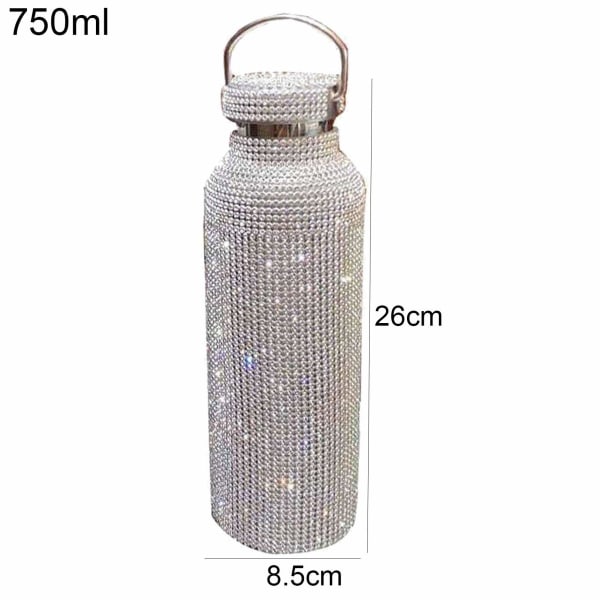 Diamond vattenflaska, rostfritt stål isolerad vattenflaska, glitter vattenflaskor Påfyllningsbara vattenflaskor för kvinnor Silver (700ml)