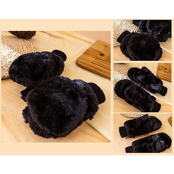 Vinterfluffiga Vantar för Kvinnor, Vindtäta Fleece Plysch Vantar med Varma Vantöverdrag för Flickor Black
