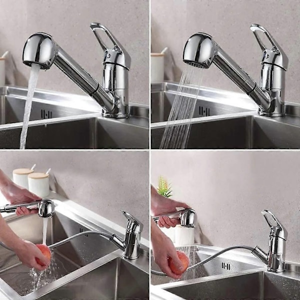 Ny Utdragbar Köksblandare, Köksblandare med Spray, Diskbänksblandare, Låg Pip, 360 Graders Svängbar Diskbänksblandare, Krom, Silver - Perfet