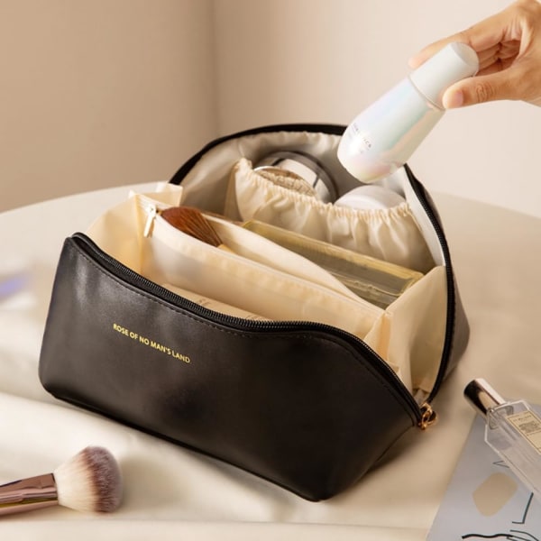 Stor kosmetiktaske til rejser Kosmetisk arrangør Højkapacitets makeuptaske Opbevaringspose PU-læder Black