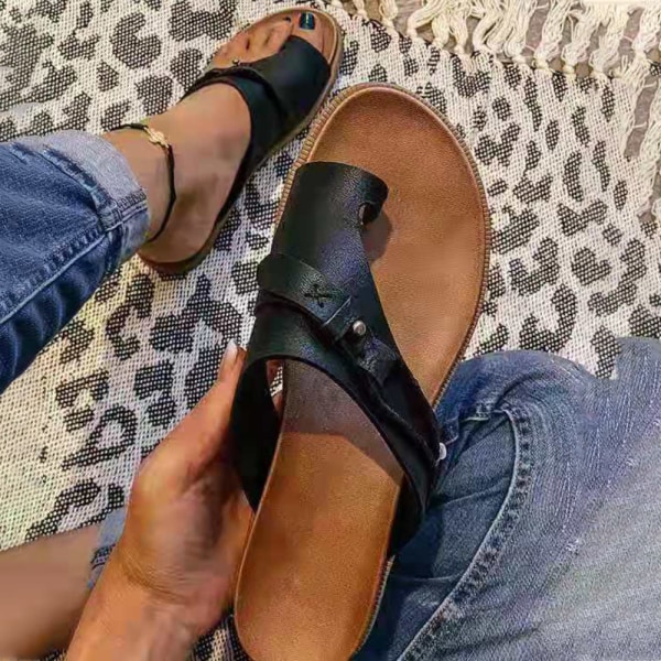 Dames Sandaler Flade Ring Tå Sommer Slide Flip Flop Sko Grå Grey 42