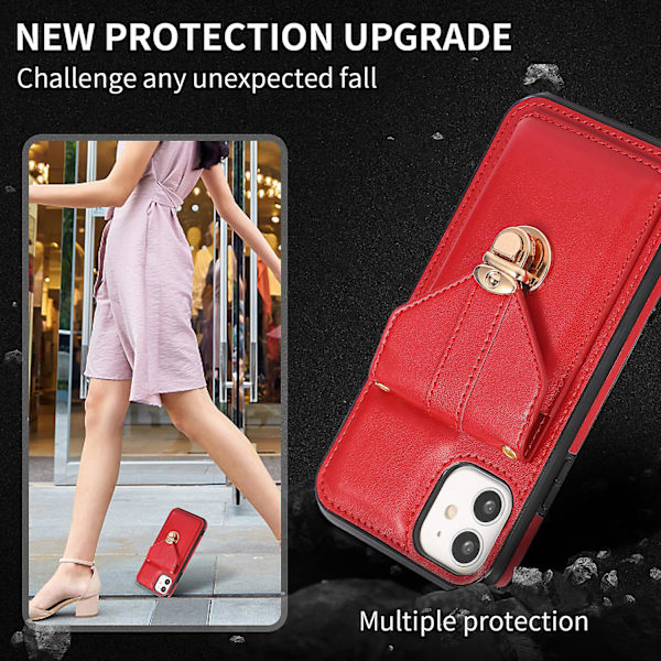 iPhone 12-fodral för kvinnor Plånbok med korthållarrem Crossbody PU-läder anti-rep Skydd Red