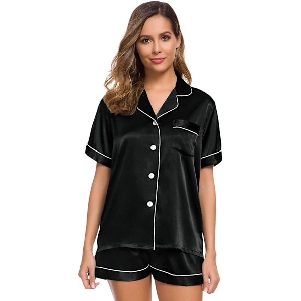 Naisten Silk Satin -pyjamasetti, lyhythihainen, napitettava, yöasu, rentoasu