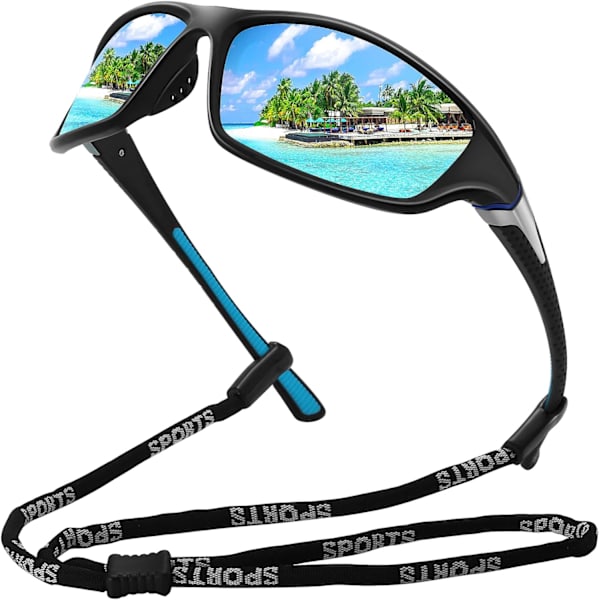 Polariserte Sportsolbriller for Menn Kvinner Kjøring Sykling Fiske Solbriller 100% UV400 Beskyttelse Black Frame-Blue Mirror Lens