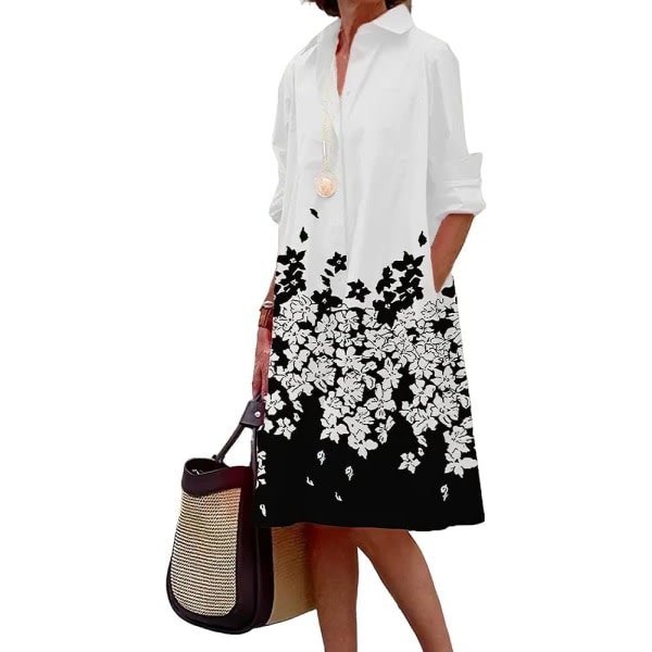 Långärmat linne för kvinnor med enkel printed Button Down Shirt Klänning Plus Size Lös