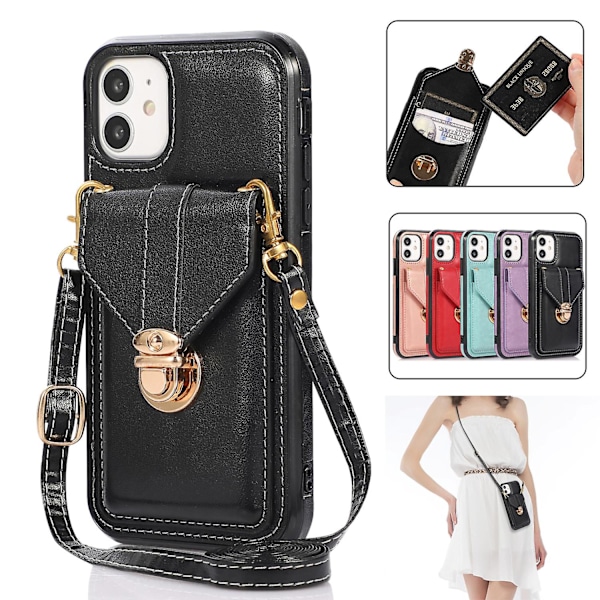 iPhone 12-fodral för kvinnor, plånbok med korthållare och axelrem, Crossbody PU-läder, anti-rep, Röd black