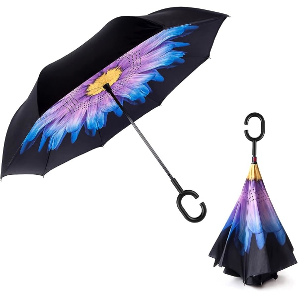 Inverterat paraply med dubbellager vindtät konstruktion - Vändbar hopfällbar för bilanvändning - C-format handtag för hands-free användning (Purple Dreaming)