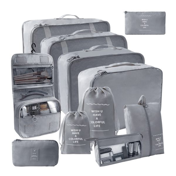9 stk/11 stk Reiseoppbevaringssett i ensfarget stoff Bærbar koffert Klærpakkepose for reise Grey 11 pcs