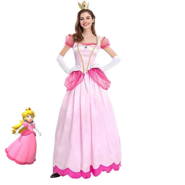 Super Mario Peach Cosplay Kostume Halloween Festlig Kjole Til Kvinder Pink Prinsesse Toadstool Kjole Med Handsker, Hovedbeklædning Sæt L