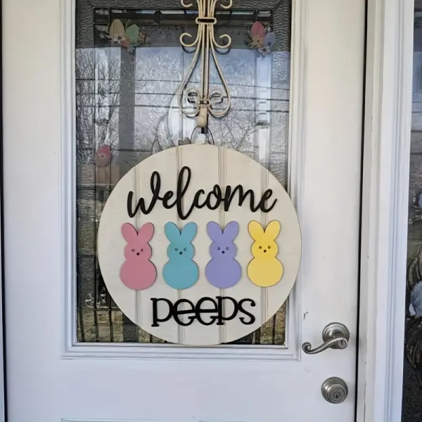 1pc Easter Welcome Peeps Sign, Happy Easter Bunny Rabbit Door Sign, Spring Door Hanger