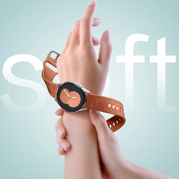 Auringonkukkakaiverrettu ranneke, yhteensopiva Samsung Galaxy Watch 7 6 5 4 40mm 44mm naisten kanssa, 20mm pehmeä silikoniranneke Galaxy Watch_xx -kelloon Brown