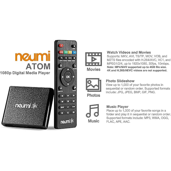 Neumi Atom 1080p Full-HD Digital Media Afspiller til USB-enheder og SD-kort - Med HDMI og Analog AV, Auto Afspilning og Loop