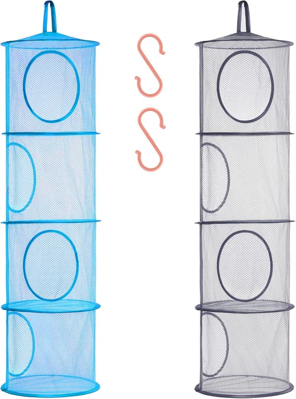 Foldable Hanging Storage Net, Space-Saving Bags, Organizer, Hanging Storage Compartment for Children's Stuffed Animals, 2-Pack (4 Tiers - Blue and Grey)