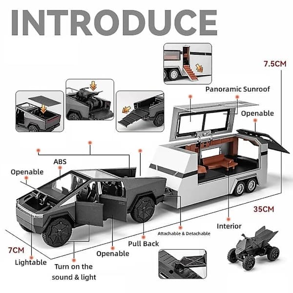 Cool Tesla Cybertruck med campingvogn Trykstøbt legetøjsbil metal miniaturemodel pull-back lyd og lys samling gave dreng
