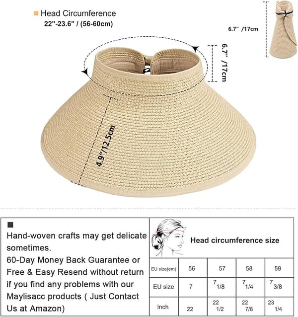 Sammenleggbar stråsolhatt med bred brem for kvinner, sommerstrand, off-shoulder solbeskyttelse, beige