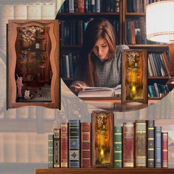 DIY Bog Nook Kit 3D Træbogmodel Puslespil Byggesæt Bogreolindsats Dekoration Hjem Bord Ornament