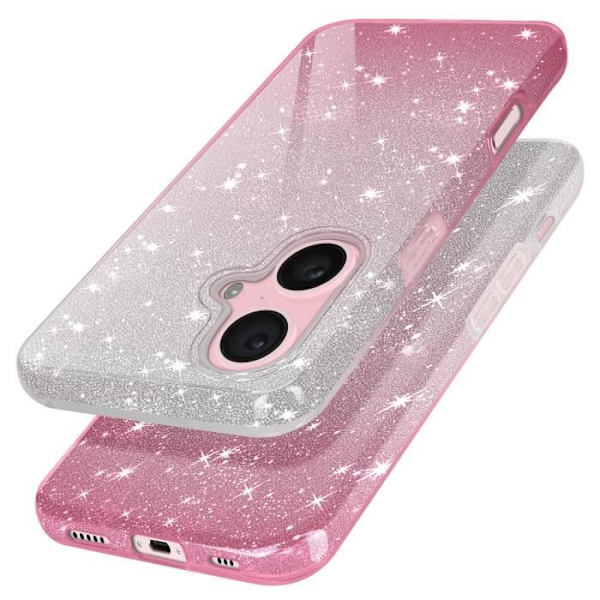 Kiiltävä iPhone 16 Plus -kotelo Hybrid Glamor Design Valkoinen/vaaleanpunainen Pink