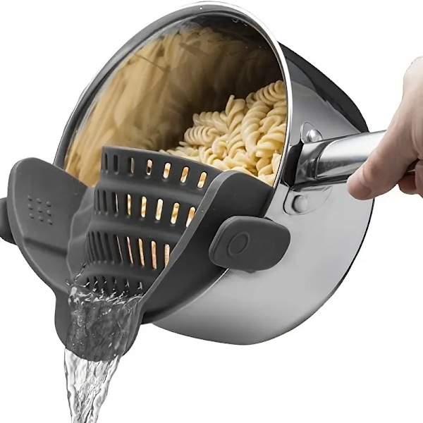 Silikoninen pastasiiviläLeveäaukkoisella valutuskauhallaVihannes- ja hedelmäsiiviläklipsiPannun sivun tyhjennystulppa