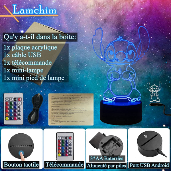 Stitch 3D Lampe Manga LED Natlys, Stitch Sengelampe Natlampe 16 farver 3D Bordlampe Dekoration, USB drevet Touch Remote Børne Natlampe