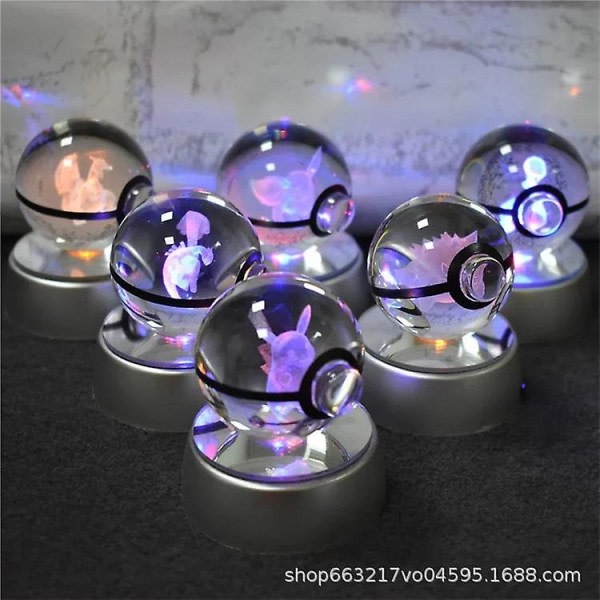 3D LED-ljus Kawaii Anime Figur Pokeball Gravyr Kristallkula Pikachu Charizard Modell Barn Julklappar Leksaker Wigslar med belysningsbas 8