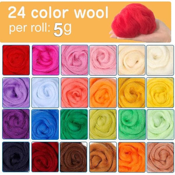 Needle Felting Kit, 24 Colors Wool Roving, Complete Felt Starter Set with Tools, DIY Craft Set for Beginners, Soft Wool Material