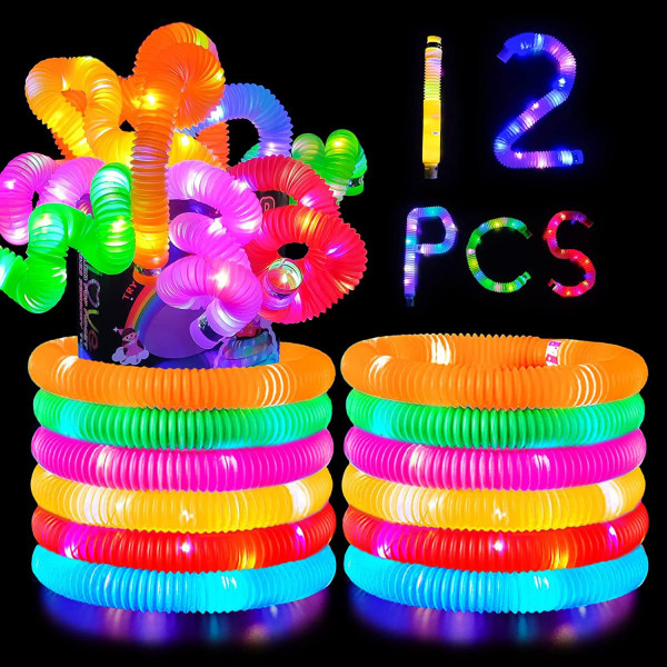 12 ST Mini Pop Tubes Sensoriska Leksaker, Lysande Pop Tube, LED Light Up