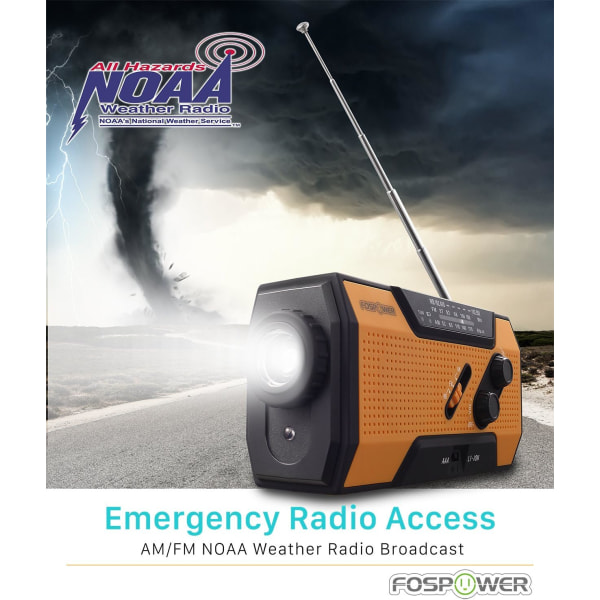 Nødvejrradio (Model A1) NOAA/AM/FM med 2000mAh, USB/Sol/Håndsving Opladning