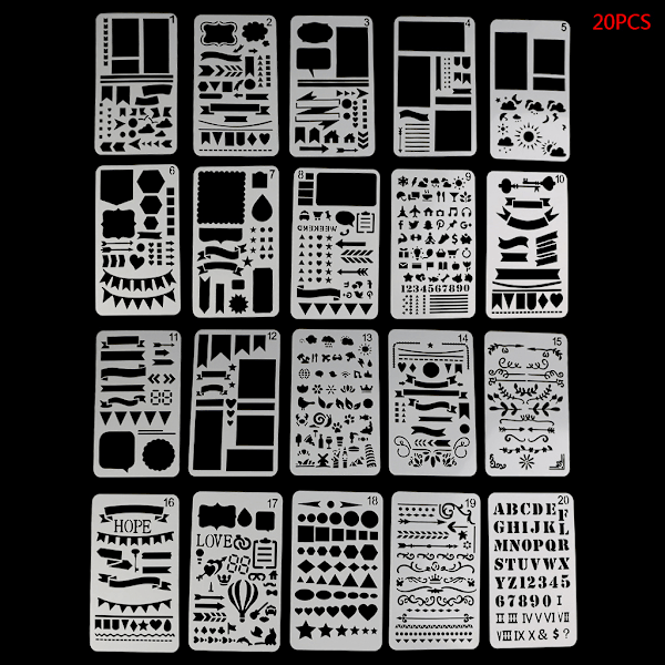Bullet Journal -stencilisarja 20 kpl, DIY-piirustusmalleja käsityöprojekteihin ja koristeluun aloittelijoille, opi piirtämään