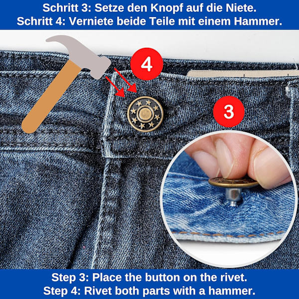 Erstatning av bukse knapper, metall bukse knapper, reparere jeans, J