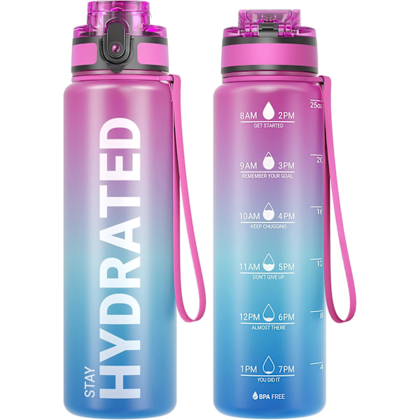 Tiivis Vesipullo 1L, Tritan BPA-vapaa Motivoiva Urheilujuomapullo Kirkkaalla Ajan Merkinnällä, Lukituskannella, Helppo Puhdistusharja (Punainen ja sininen) 1000ml