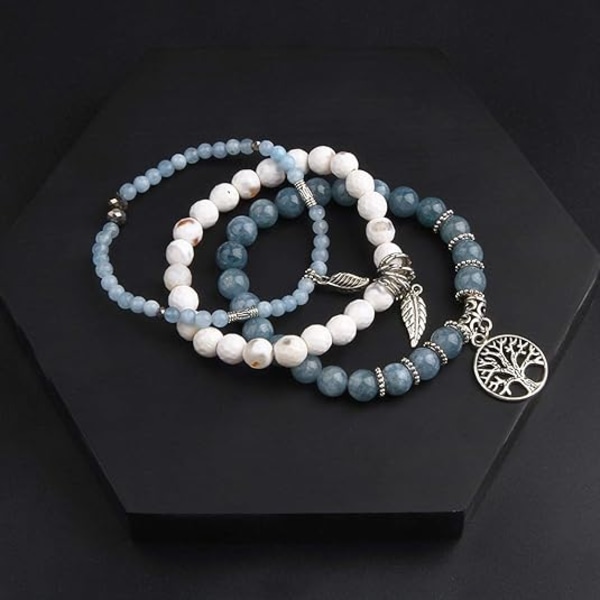 Livets träd Turkos Jaspis & Tibetansk Agat Stenar Chakra Pärl Armband | Strand Charm Armband Set - Havs Smycken