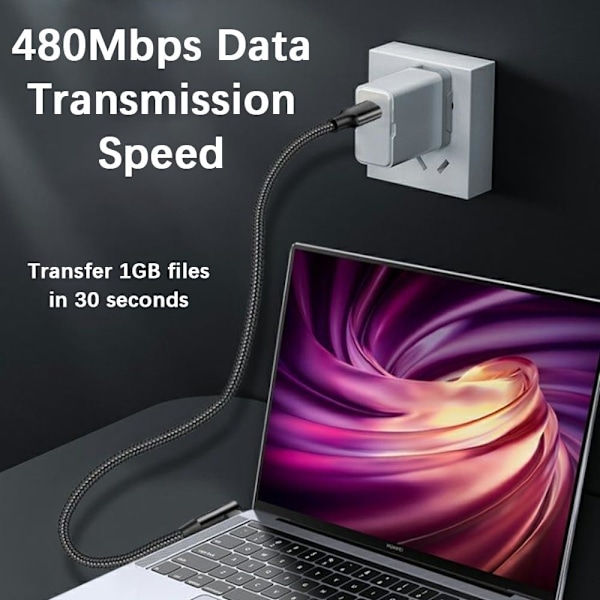 [2-pak/1M] USB C til USB C-kabel, flettet 60W 20V/3A USB Type C til Type C PD hurtigladekabel 90 grader (svart)