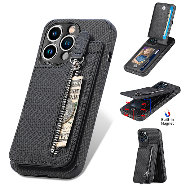 Læder kortholder magnetisk pung telefoncover iPhone 14 /14 Pro/14 Pro Max, iPhone 13 /13 Pro/13 Pro Max, iPhone, 12 /12 Pro/12Pro Max Sort