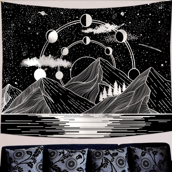 Zussun Mountain Moon Tapestry Stars River Svart och vit konst Tapestry Vägghängande heminredning (50" x 60")