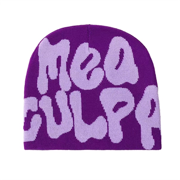 Damehue med grafisk kranie MEA Culpa Y2K Strikket Hue Varm Vinterhat Purple