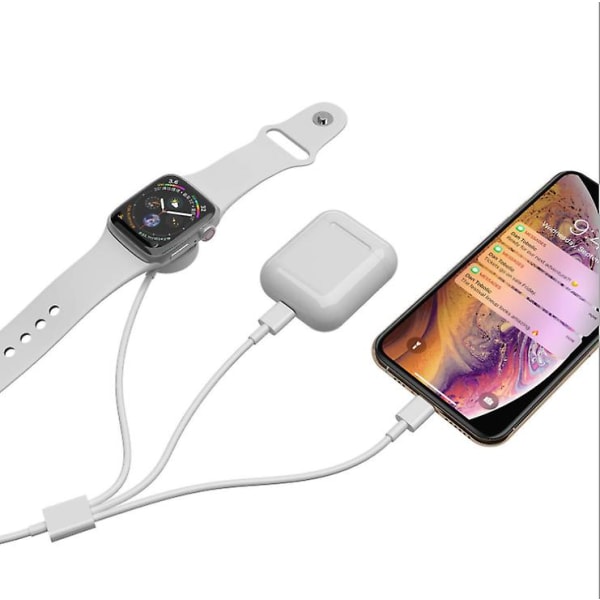 （hvit）3-i-1-kabel for iPhone Airpods Apple Watch-lader USB trådløs ladestasjon