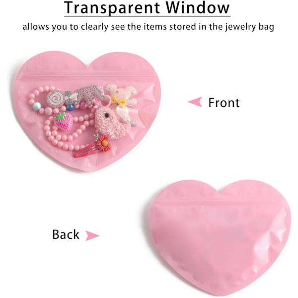 100 st Smyckespåsar, Återförslutningsbara Hjärtformade Smyckesförpackningar Resepåse, Liten Ziplock Transparent