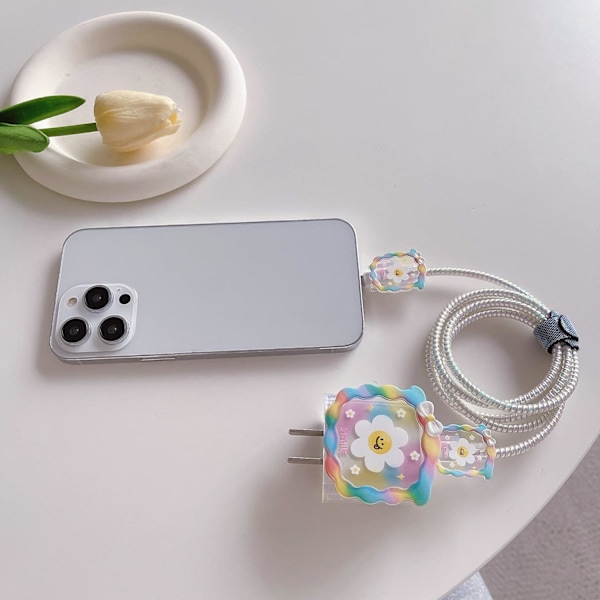 Söt DIY-kabelskydd, kompatibel med iPhone 20W USB-C-strömadapter och Lightning-kabel