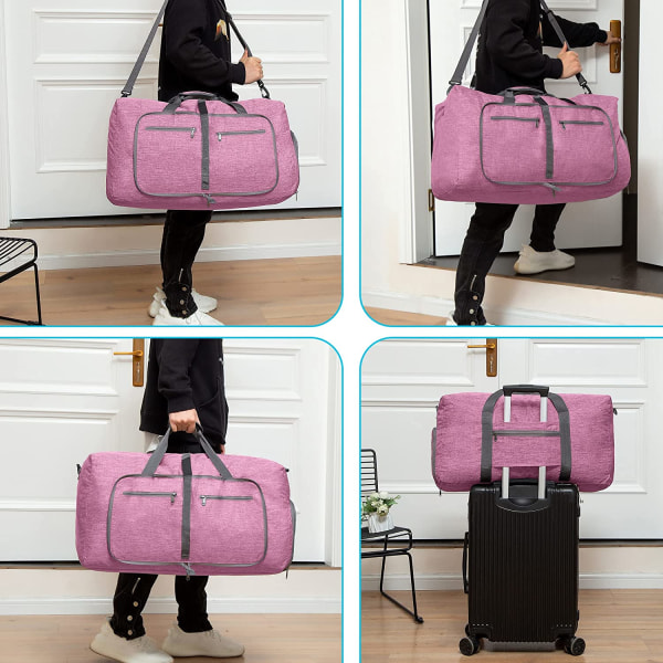 Travel Duffel Bag for menn, 65 L sammenleggbar reise Duffel Bag med skorom Overnight Bag for menn kvinner Vanntett og rivebestandig (Lys lilla)