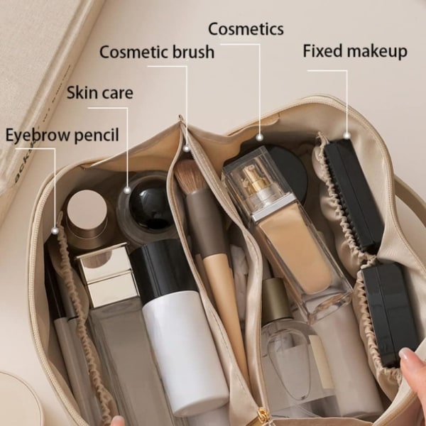 Stor kosmetiktaske til rejser Kosmetisk arrangør Højkapacitets makeuptaske Opbevaringspose PU-læder Beige