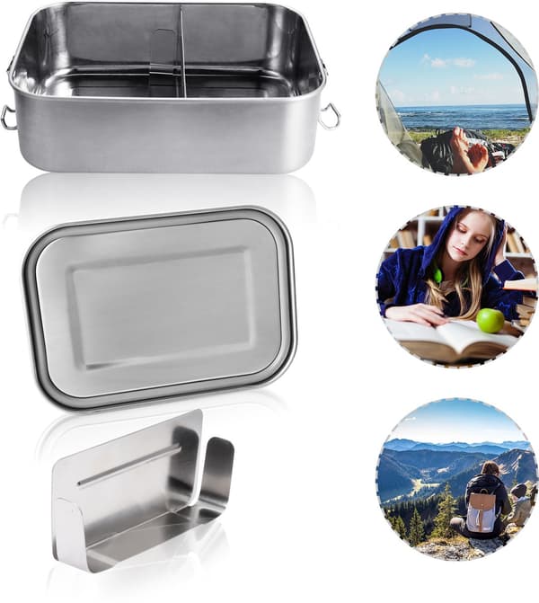 Madkasse i rustfrit stål 1200 ml med skillevæg, Bento-beholder til arbejde, skole, rejser silver