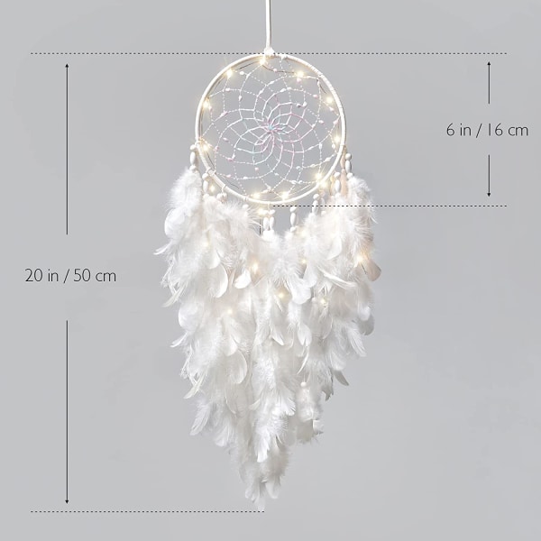 LED-drömfångare för barn Väggdekor Vita fjädrar Drömfångare med ljusa pärlor Boho-dekor Vävd konstprydnad Handgjord present till barnrumsupphängning