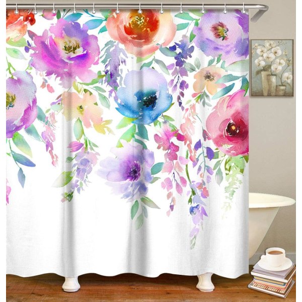 Akvarel blomstret bruseforhæng, farverigt blomstret badeværelsesgardin med krog 72x72 tommer maskinevaskbart stof badeværelsesdekoration