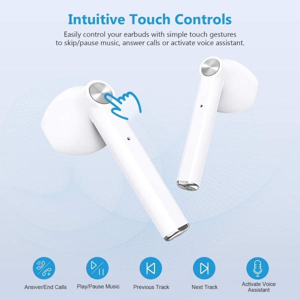 Langattomat nappikuulokkeet, Bluetooth 5.0 -nappikuulokkeet Touch Control in-Ear True Wireless -kuulokkeet, Hi-Fi Stereo -nappikuulokkeet sisäänrakennetulla musteella (valkoinen)
