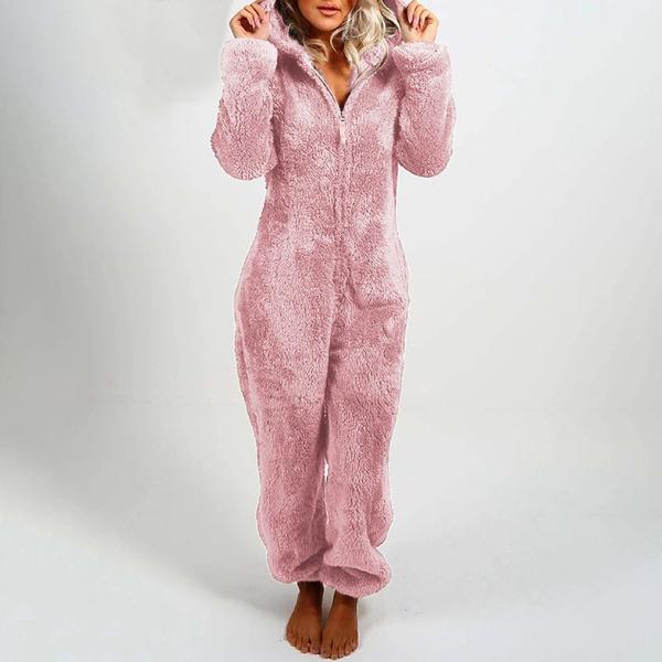 Autumn/Winter Hooded Pajamas For Women With Plush Thick Plush Jumpsuit Bear Pants Home Suit Overalls Outerwear Brown